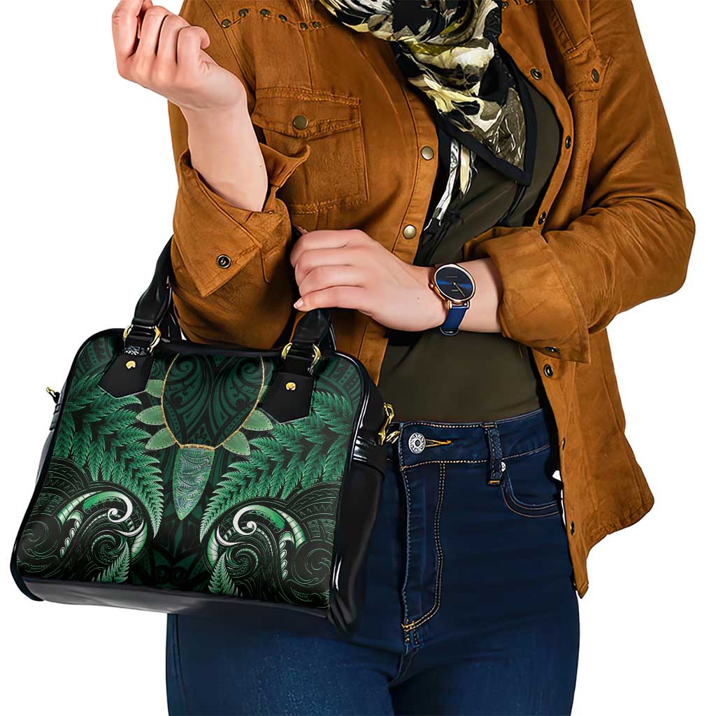 Aotearoa Pounamu Niho Shoulder Handbag Silver Fern Mix Maori Pattern - Green - Vibe Hoodie Shop