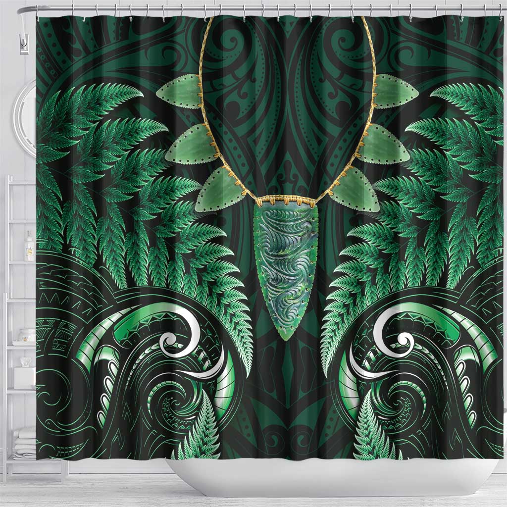 Aotearoa Pounamu Niho Shower Curtain Silver Fern Mix Maori Pattern - Green