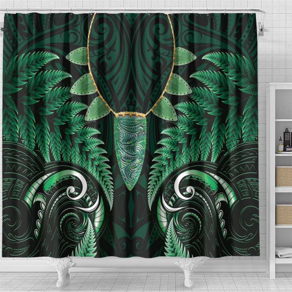 Aotearoa Pounamu Niho Shower Curtain Silver Fern Mix Maori Pattern - Green