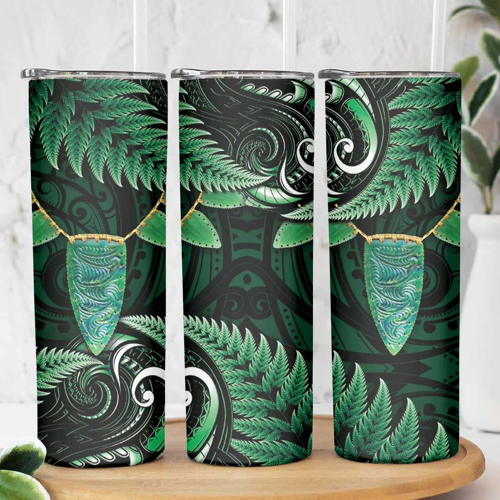 Aotearoa Pounamu Niho Skinny Tumbler Silver Fern Mix Maori Pattern - Green