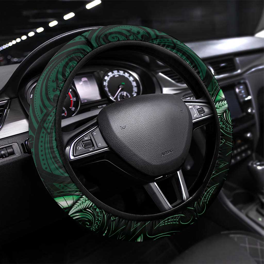 Aotearoa Pounamu Niho Steering Wheel Cover Silver Fern Mix Maori Pattern - Green