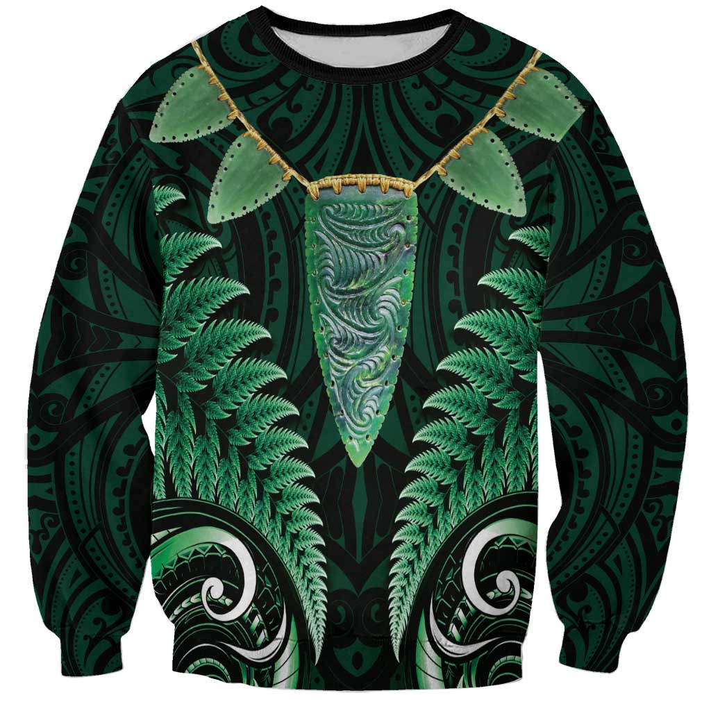 Aotearoa Pounamu Niho Sweatshirt Silver Fern Mix Maori Pattern - Green - Vibe Hoodie Shop