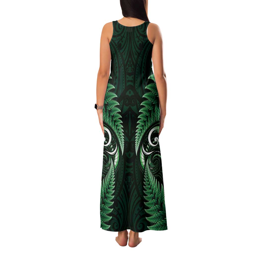 Aotearoa Pounamu Niho Tank Maxi Dress Silver Fern Mix Maori Pattern - Green