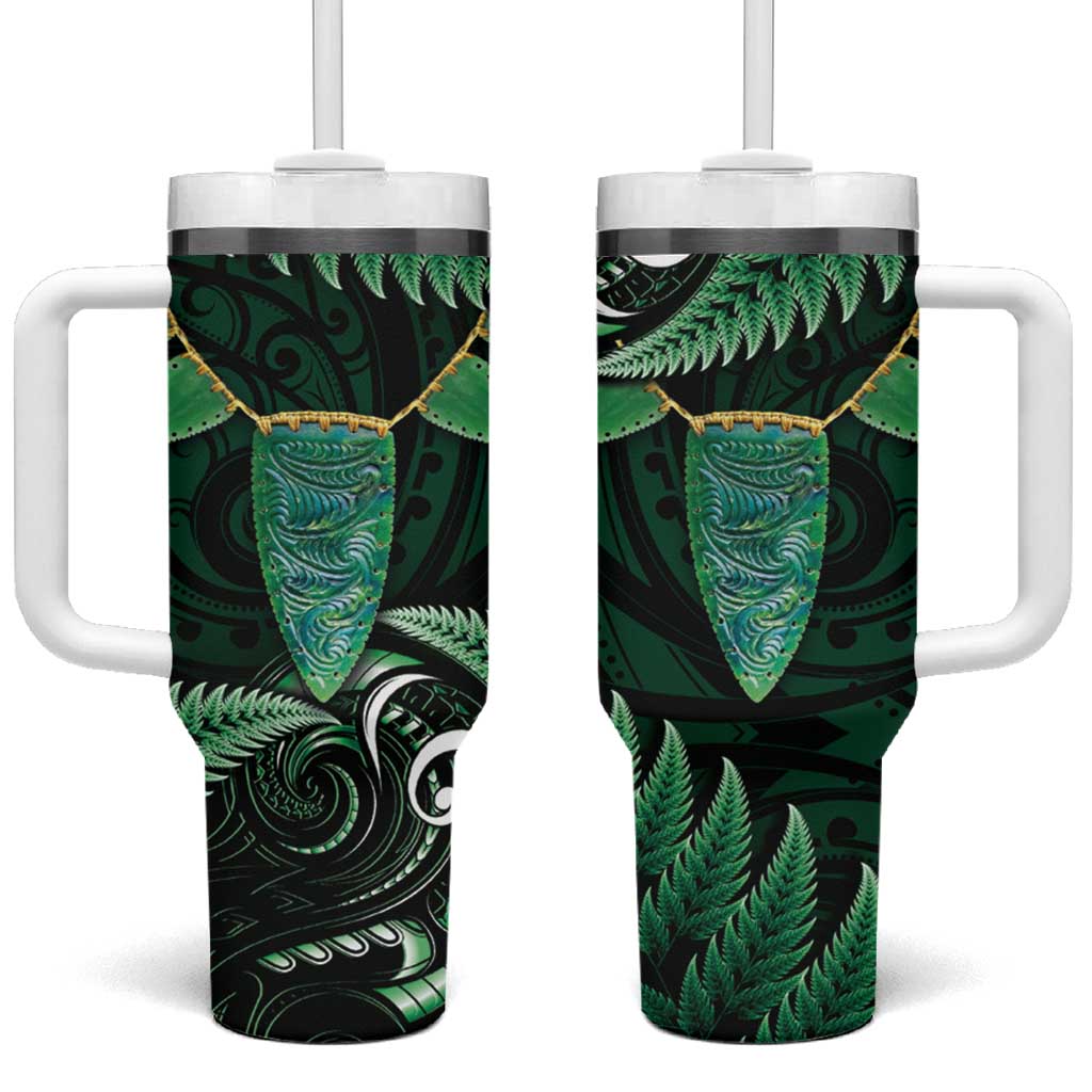 Aotearoa Pounamu Niho Tumbler With Handle Silver Fern Mix Maori Pattern - Green