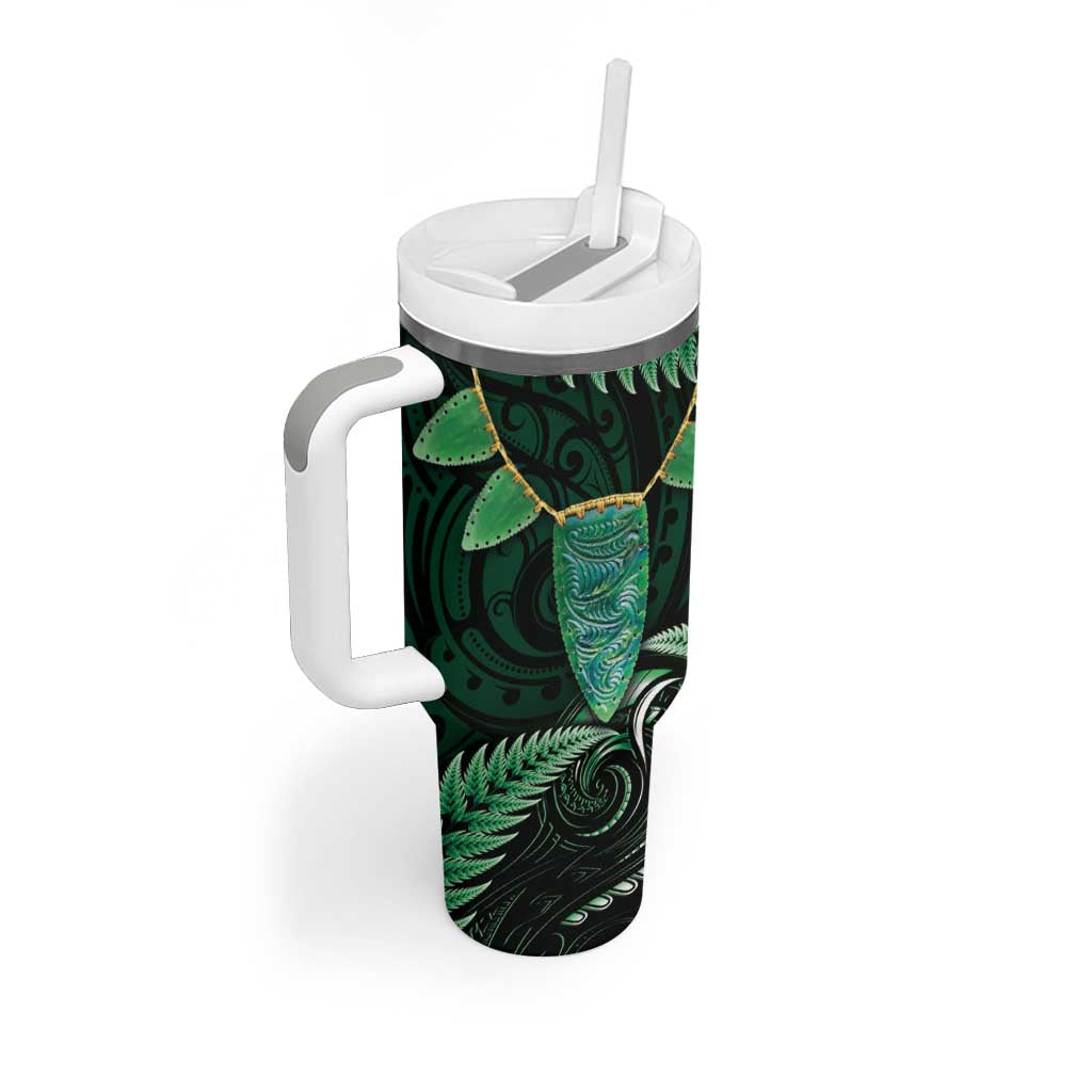 Aotearoa Pounamu Niho Tumbler With Handle Silver Fern Mix Maori Pattern - Green