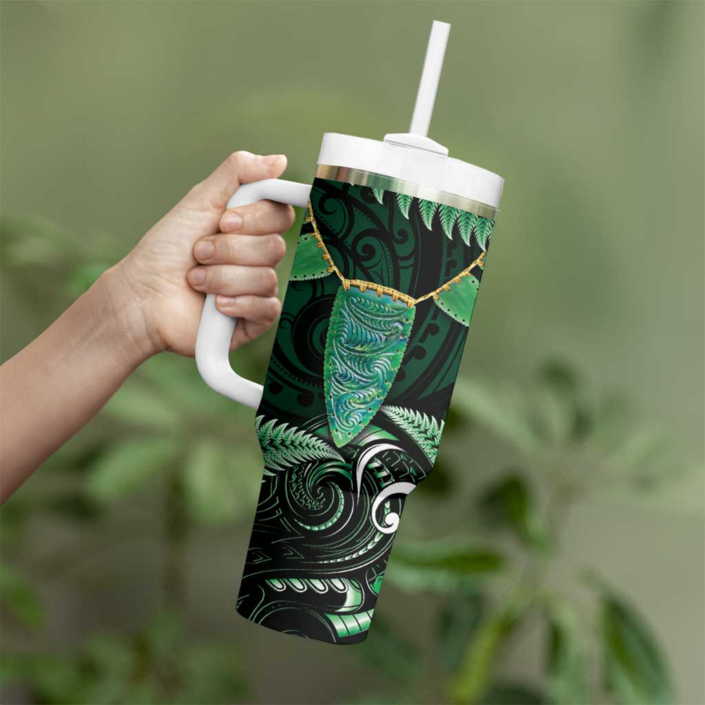 Aotearoa Pounamu Niho Tumbler With Handle Silver Fern Mix Maori Pattern - Green