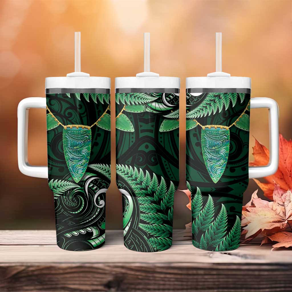 Aotearoa Pounamu Niho Tumbler With Handle Silver Fern Mix Maori Pattern - Green