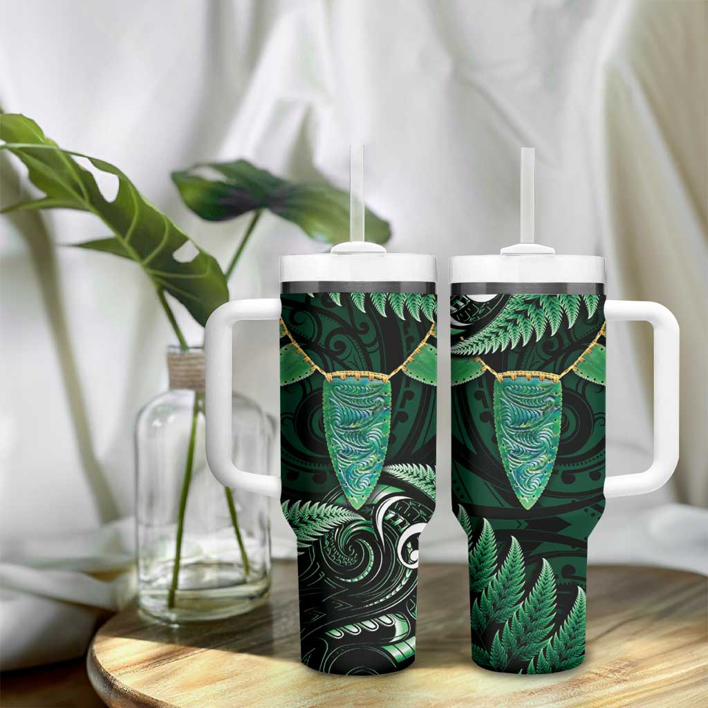 Aotearoa Pounamu Niho Tumbler With Handle Silver Fern Mix Maori Pattern - Green