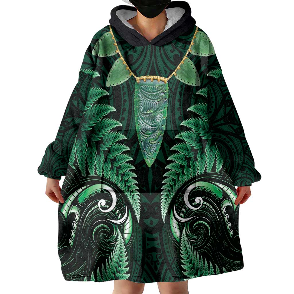 Aotearoa Pounamu Niho Wearable Blanket Hoodie Silver Fern Mix Maori Pattern - Green - Vibe Hoodie Shop