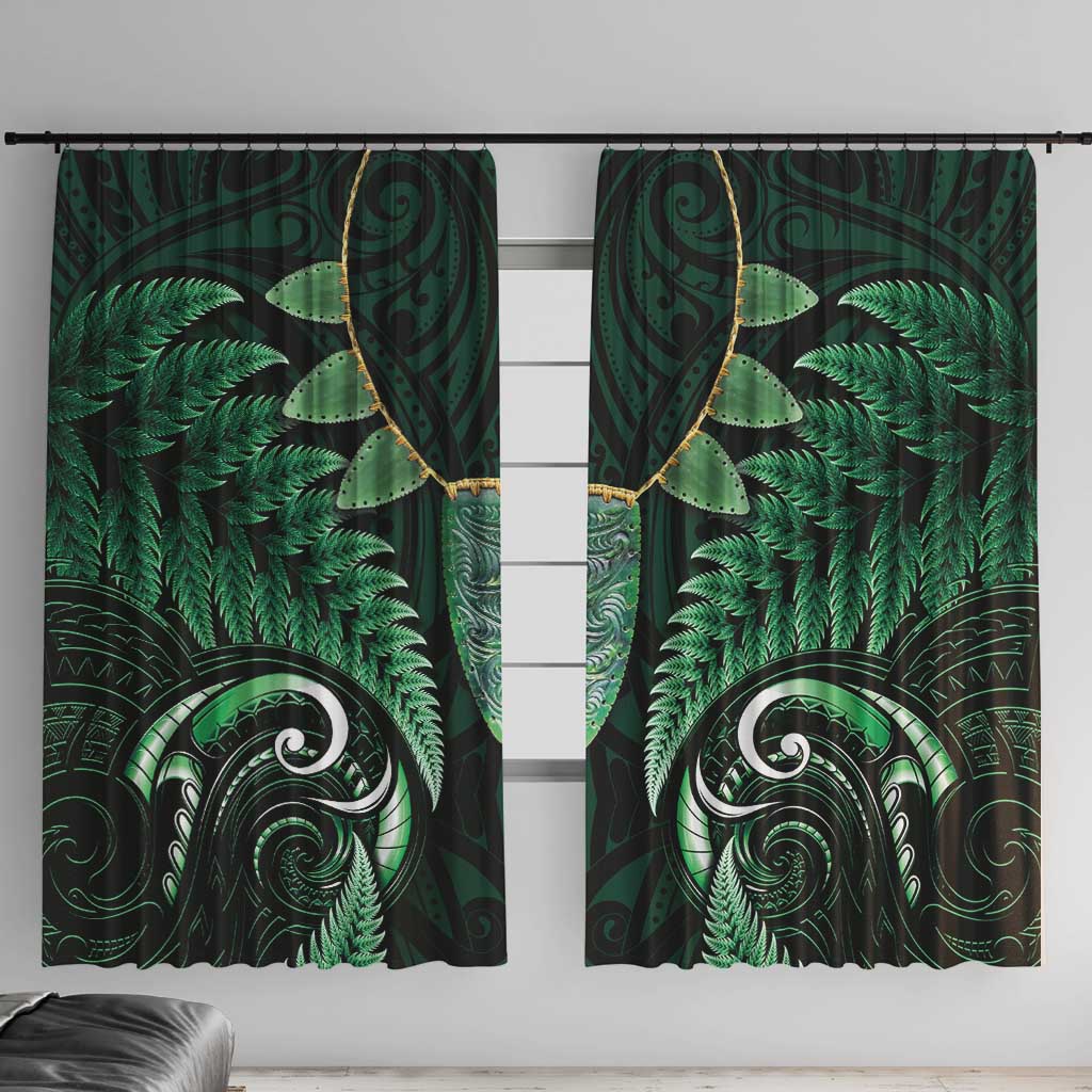 Aotearoa Pounamu Niho Window Curtain Silver Fern Mix Maori Pattern - Green