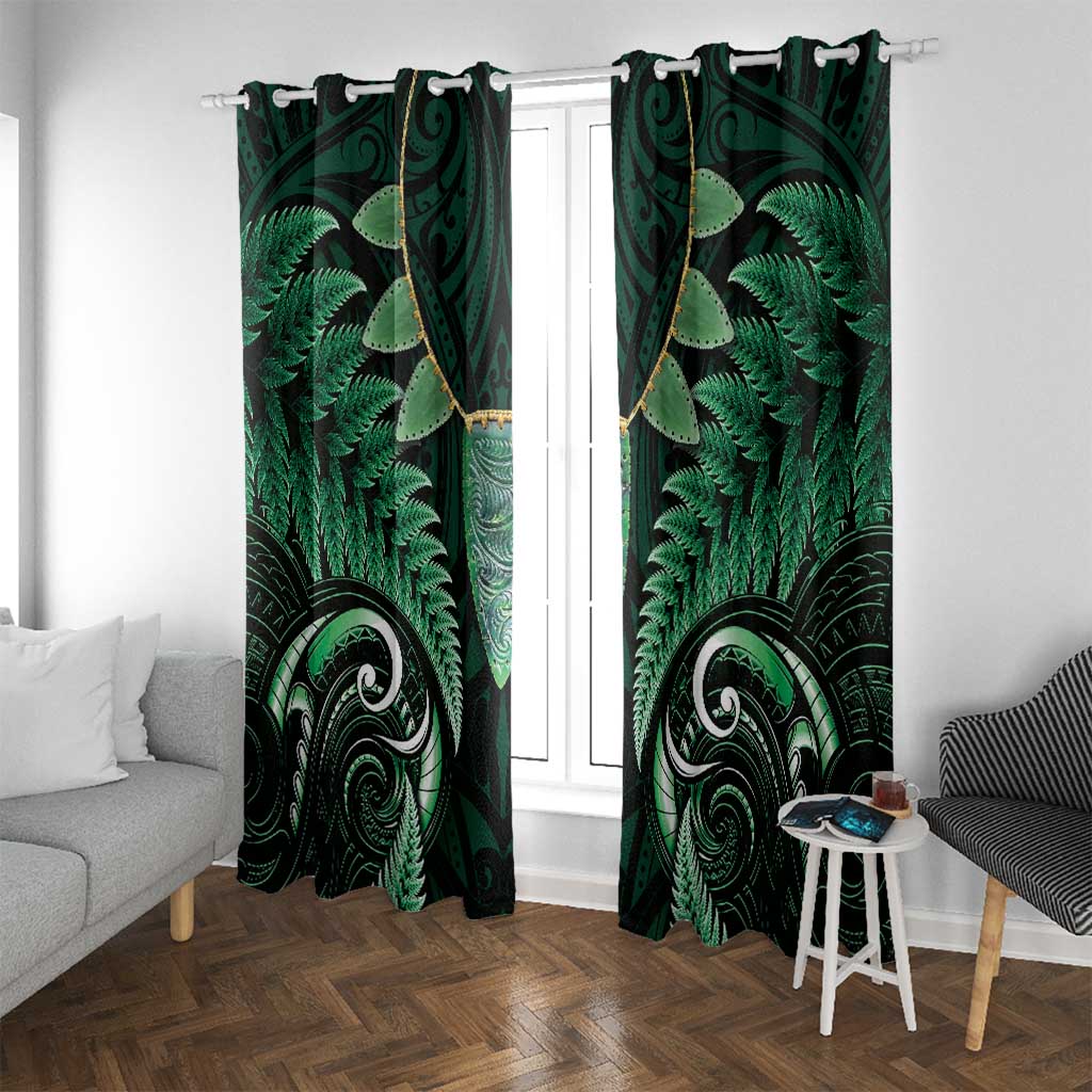 Aotearoa Pounamu Niho Window Curtain Silver Fern Mix Maori Pattern - Green