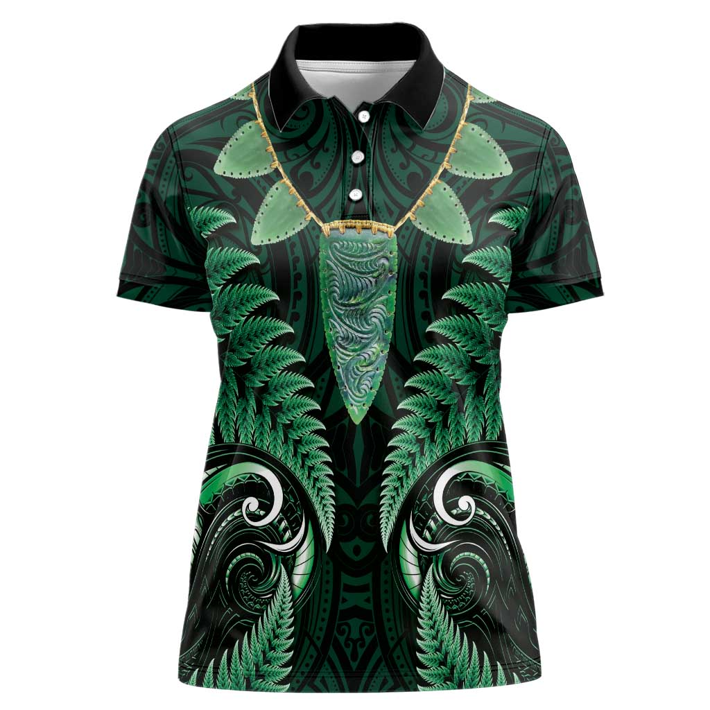 Aotearoa Pounamu Niho Women Polo Shirt Silver Fern Mix Maori Pattern - Green - Vibe Hoodie Shop