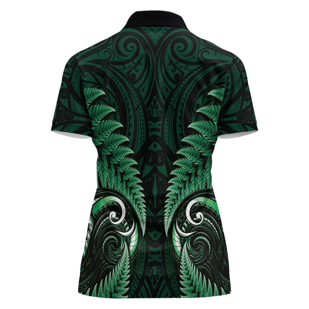 Aotearoa Pounamu Niho Women Polo Shirt Silver Fern Mix Maori Pattern - Green - Vibe Hoodie Shop