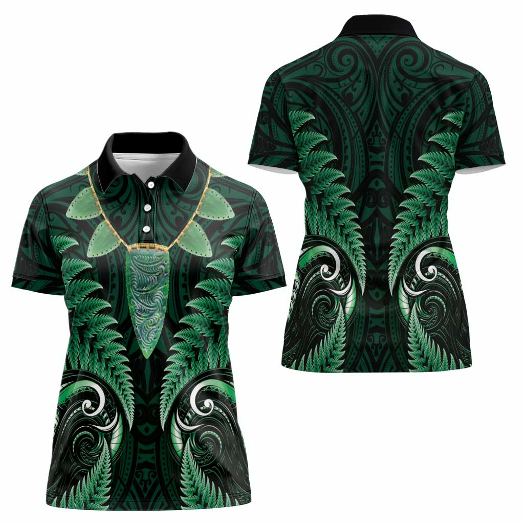 Aotearoa Pounamu Niho Women Polo Shirt Silver Fern Mix Maori Pattern - Green - Vibe Hoodie Shop