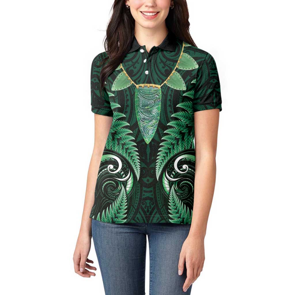 Aotearoa Pounamu Niho Women Polo Shirt Silver Fern Mix Maori Pattern - Green - Vibe Hoodie Shop