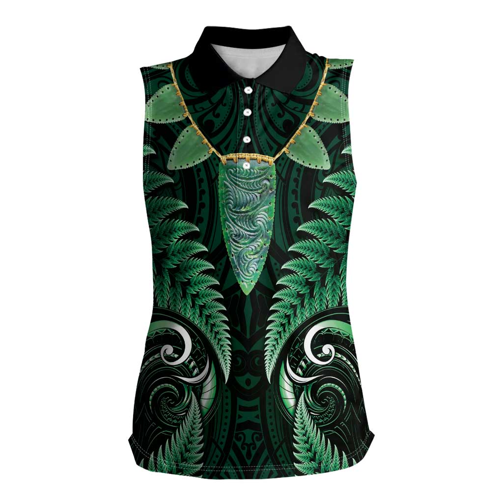 Aotearoa Pounamu Niho Women Sleeveless Polo Shirt Silver Fern Mix Maori Pattern - Green