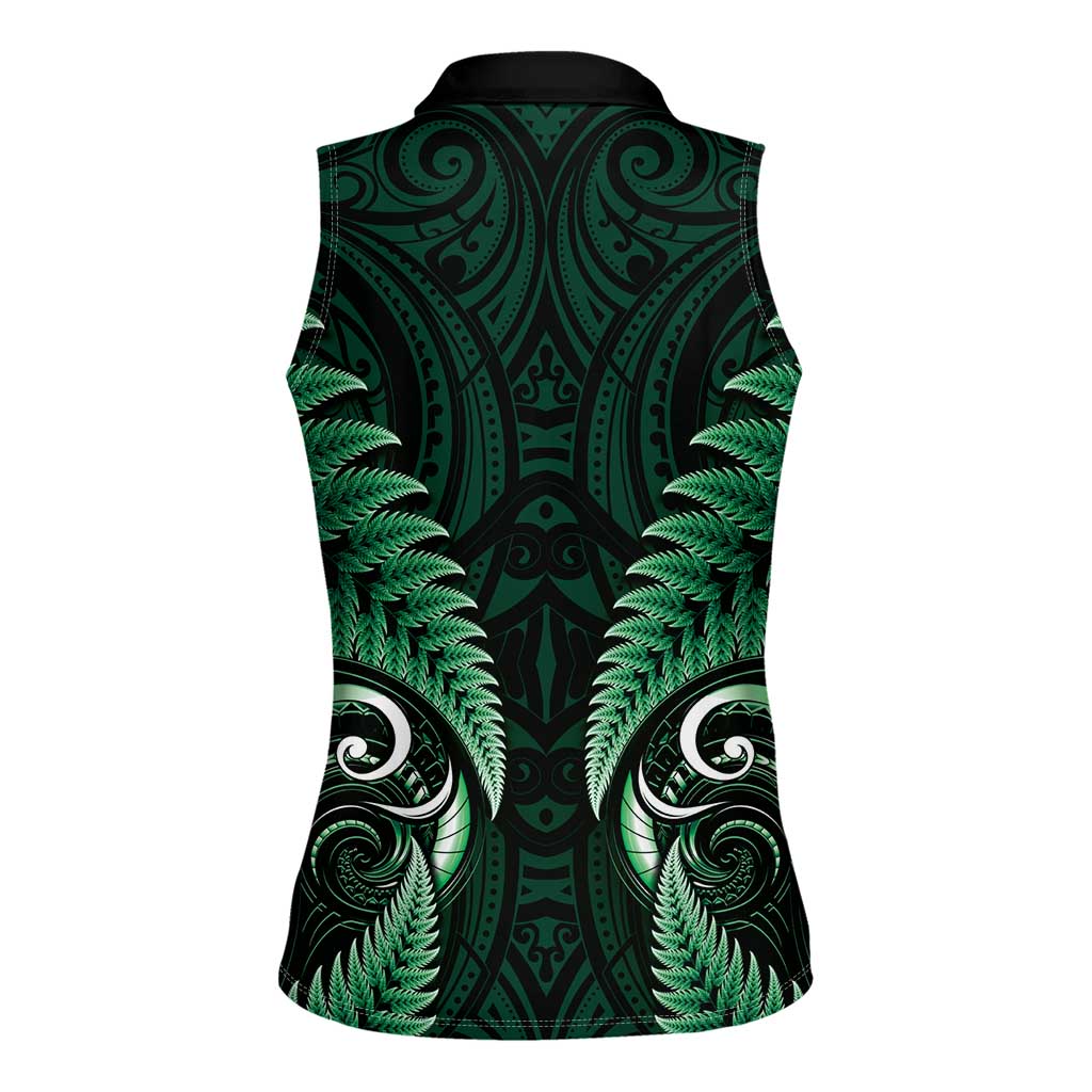 Aotearoa Pounamu Niho Women Sleeveless Polo Shirt Silver Fern Mix Maori Pattern - Green