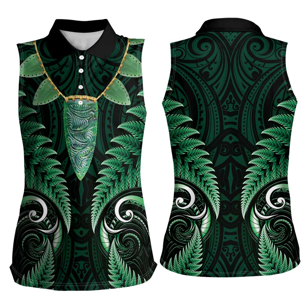 Aotearoa Pounamu Niho Women Sleeveless Polo Shirt Silver Fern Mix Maori Pattern - Green