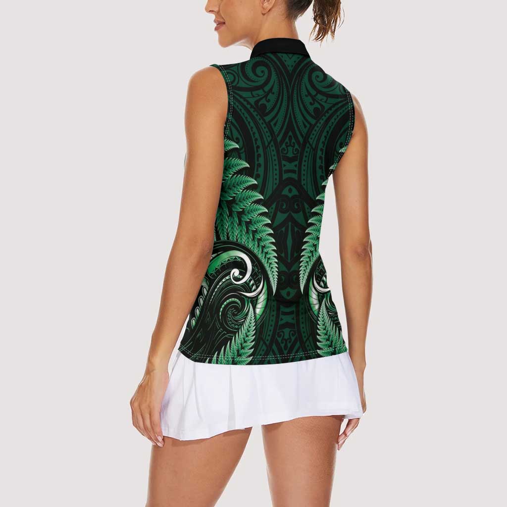 Aotearoa Pounamu Niho Women Sleeveless Polo Shirt Silver Fern Mix Maori Pattern - Green