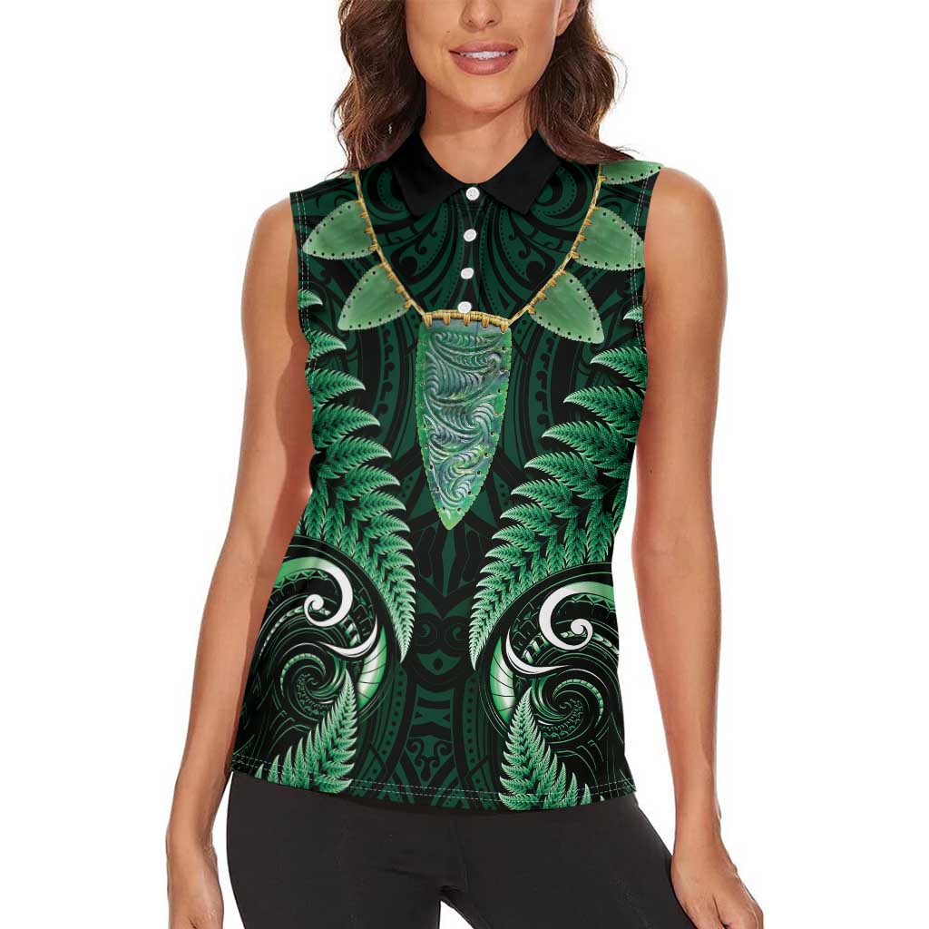 Aotearoa Pounamu Niho Women Sleeveless Polo Shirt Silver Fern Mix Maori Pattern - Green