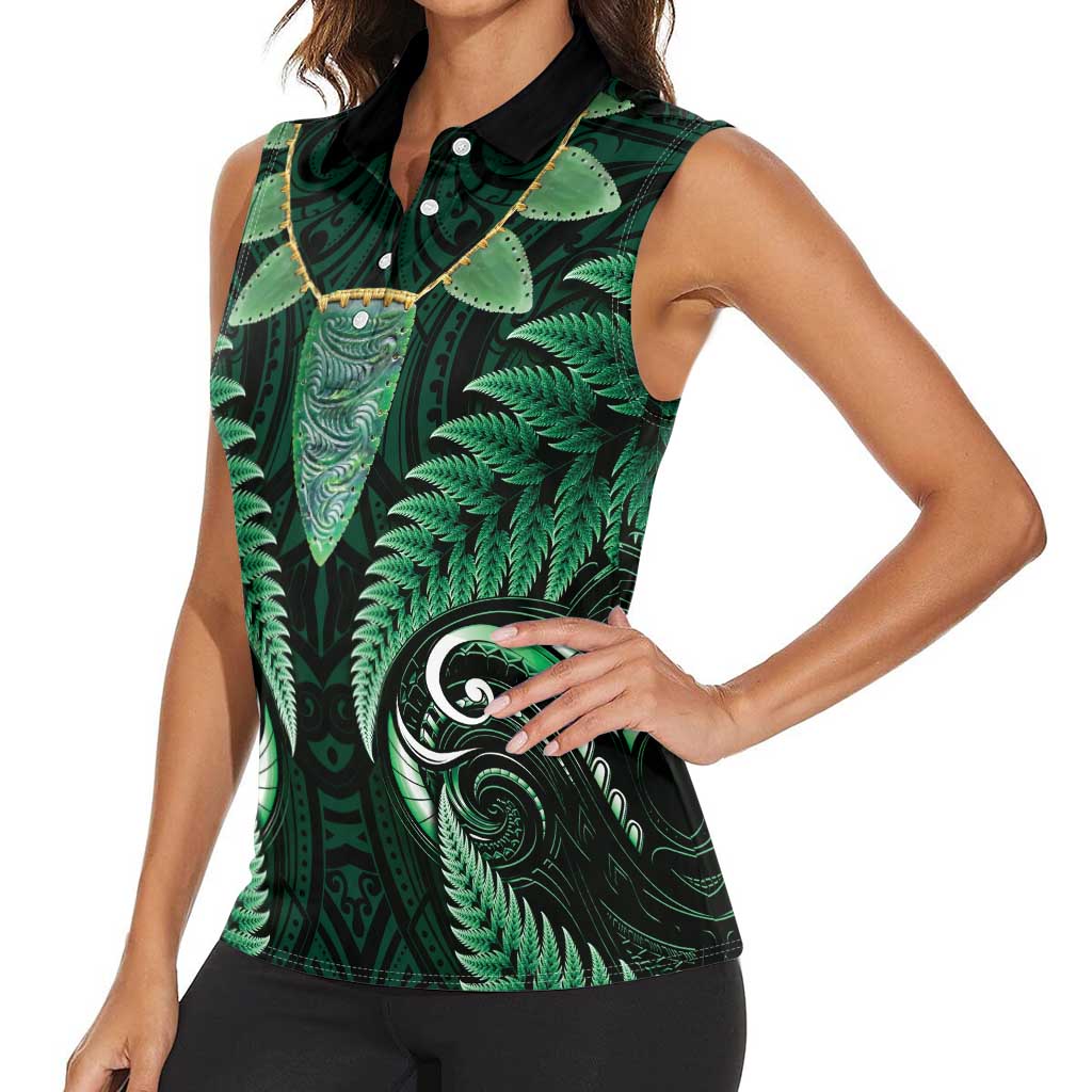 Aotearoa Pounamu Niho Women Sleeveless Polo Shirt Silver Fern Mix Maori Pattern - Green