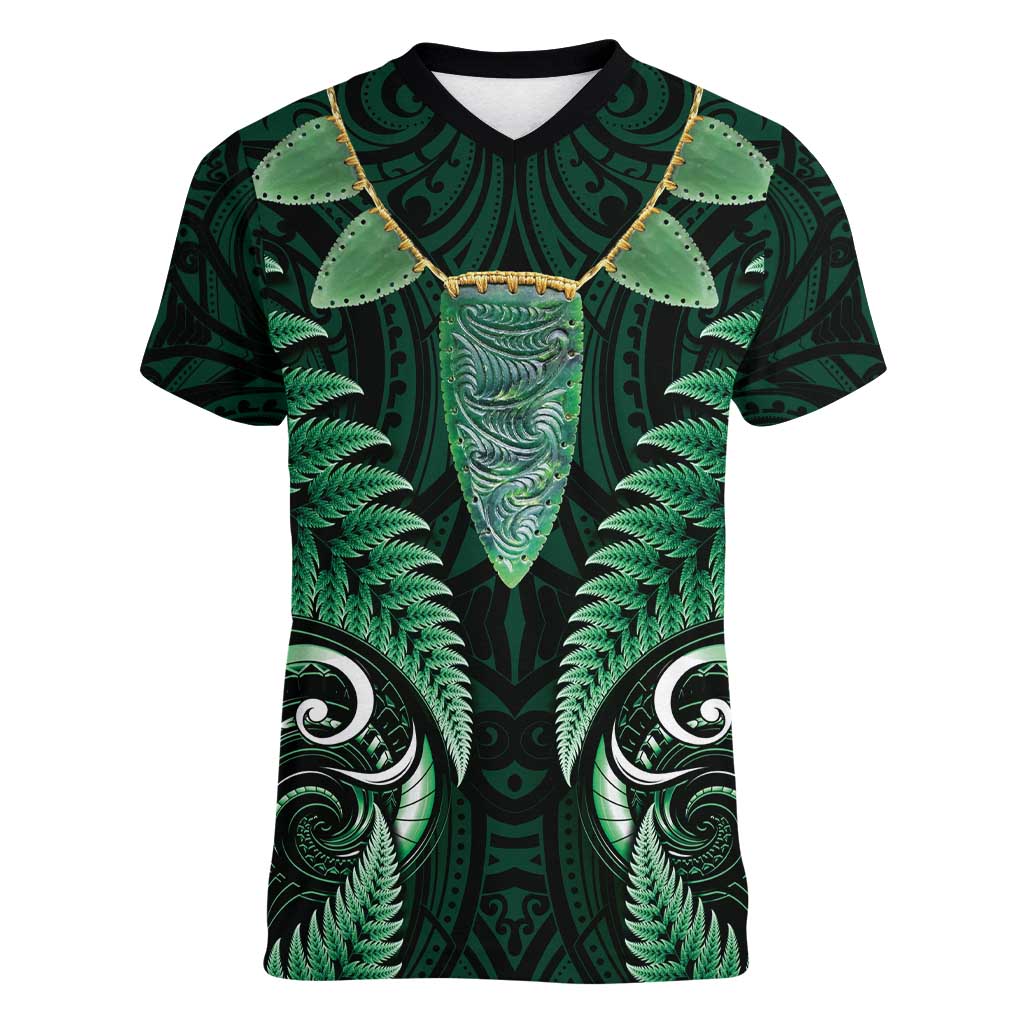 Aotearoa Pounamu Niho Women V-Neck T-Shirt Silver Fern Mix Maori Pattern - Green - Vibe Hoodie Shop