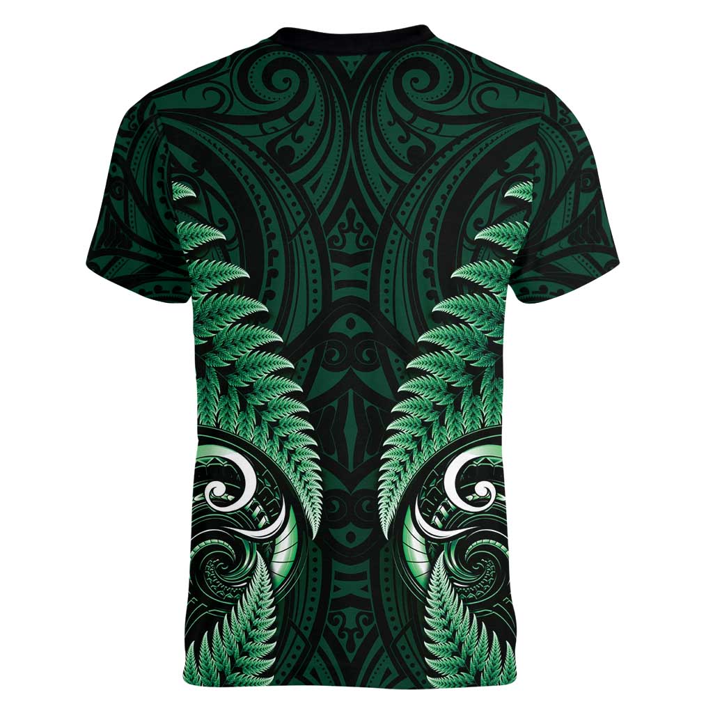 Aotearoa Pounamu Niho Women V-Neck T-Shirt Silver Fern Mix Maori Pattern - Green - Vibe Hoodie Shop