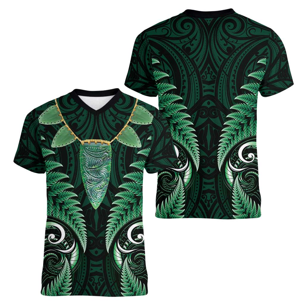 Aotearoa Pounamu Niho Women V-Neck T-Shirt Silver Fern Mix Maori Pattern - Green - Vibe Hoodie Shop