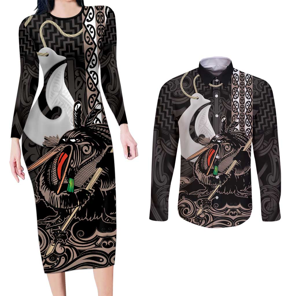 Aotearoa Hei Matau Couples Matching Long Sleeve Bodycon Dress and Long Sleeve Button Shirt Haka Kiwi Mix Maori Mangopare