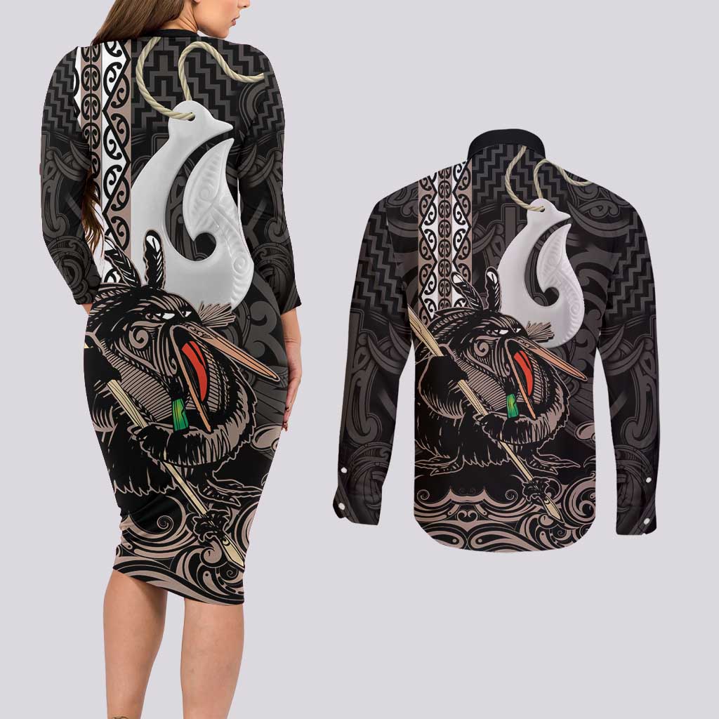 Aotearoa Hei Matau Couples Matching Long Sleeve Bodycon Dress and Long Sleeve Button Shirt Haka Kiwi Mix Maori Mangopare