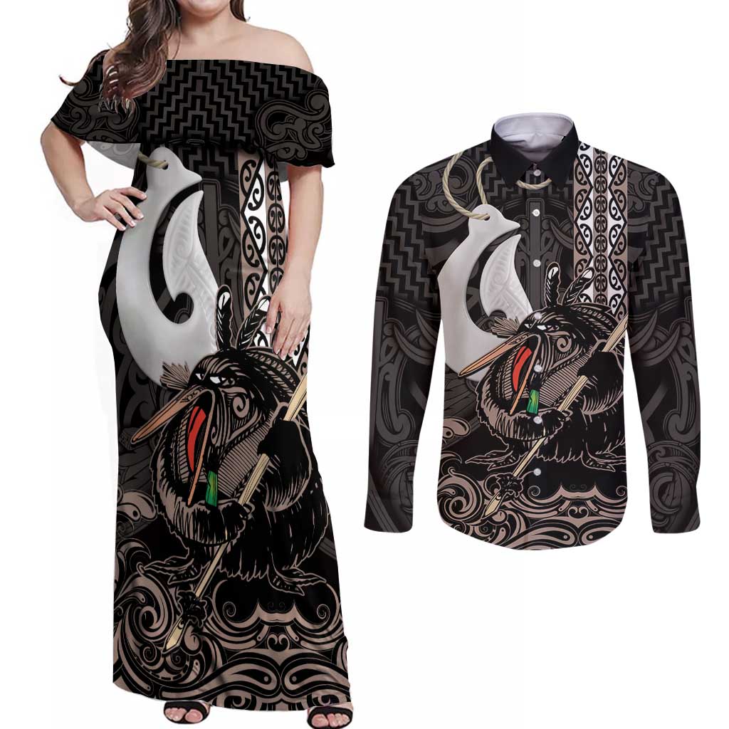 Aotearoa Hei Matau Couples Matching Off Shoulder Maxi Dress and Long Sleeve Button Shirt Haka Kiwi Mix Maori Mangopare