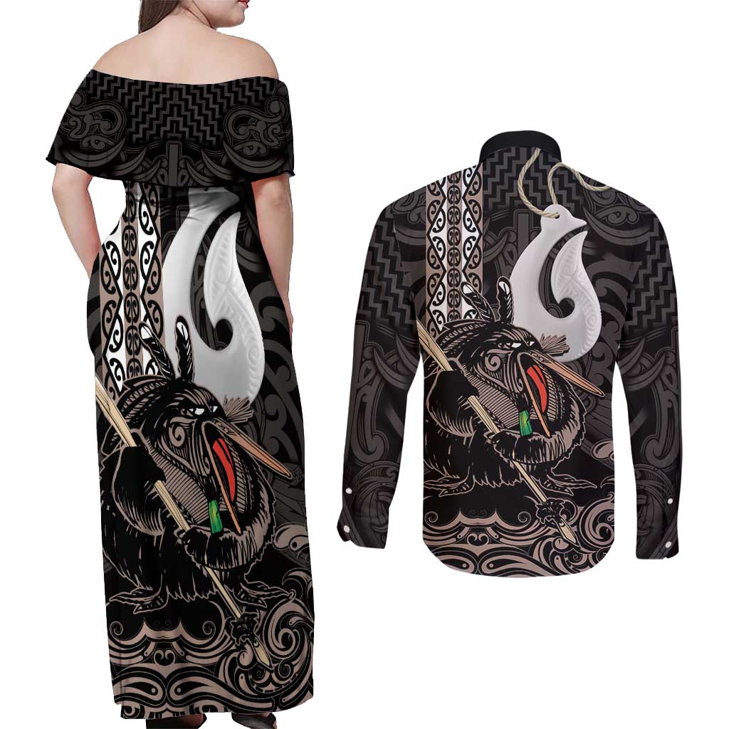 Aotearoa Hei Matau Couples Matching Off Shoulder Maxi Dress and Long Sleeve Button Shirt Haka Kiwi Mix Maori Mangopare