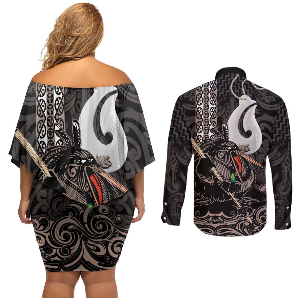 Aotearoa Hei Matau Couples Matching Off Shoulder Short Dress and Long Sleeve Button Shirt Haka Kiwi Mix Maori Mangopare