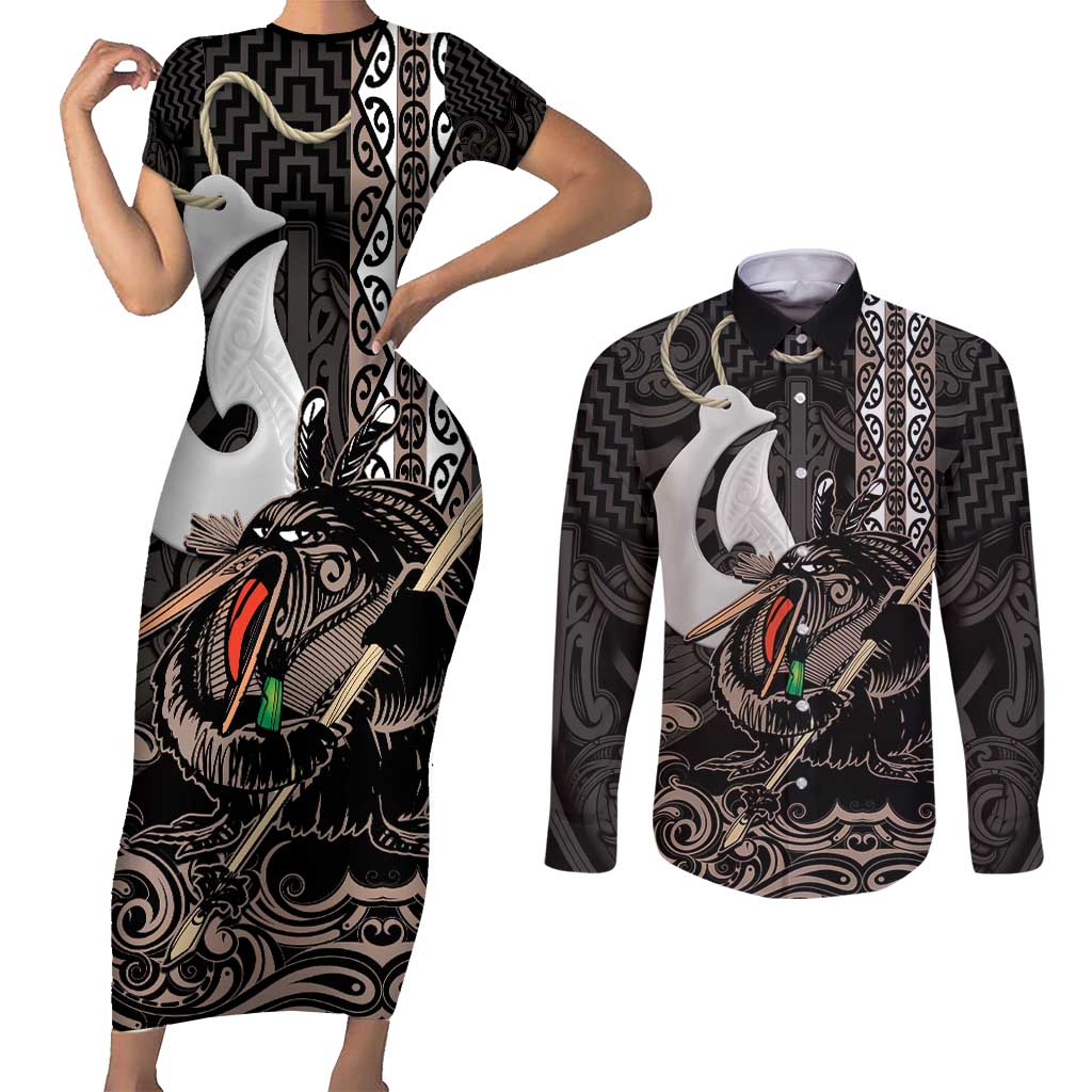 Aotearoa Hei Matau Couples Matching Short Sleeve Bodycon Dress and Long Sleeve Button Shirt Haka Kiwi Mix Maori Mangopare