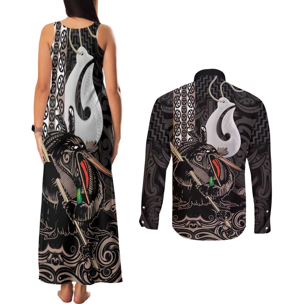 Aotearoa Hei Matau Couples Matching Tank Maxi Dress and Long Sleeve Button Shirt Haka Kiwi Mix Maori Mangopare