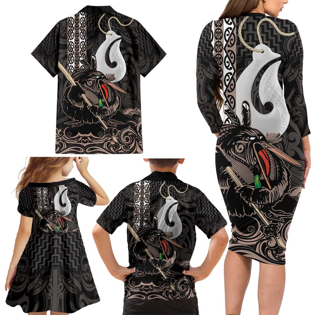 Aotearoa Hei Matau Family Matching Long Sleeve Bodycon Dress and Hawaiian Shirt Haka Kiwi Mix Maori Mangopare