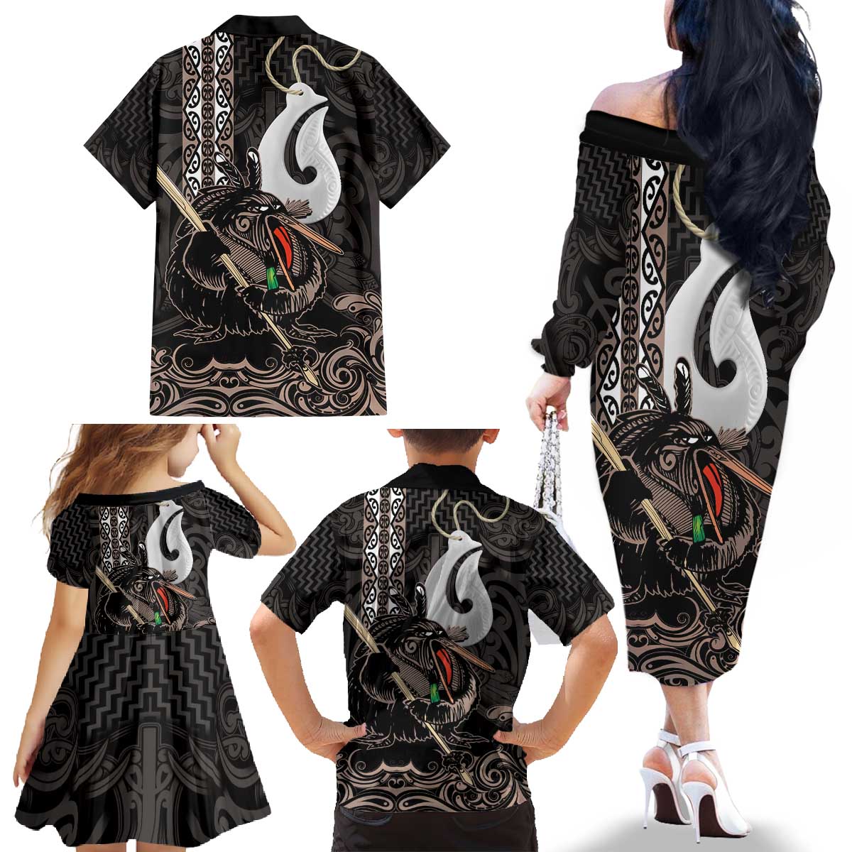 Aotearoa Hei Matau Family Matching Off The Shoulder Long Sleeve Dress and Hawaiian Shirt Haka Kiwi Mix Maori Mangopare