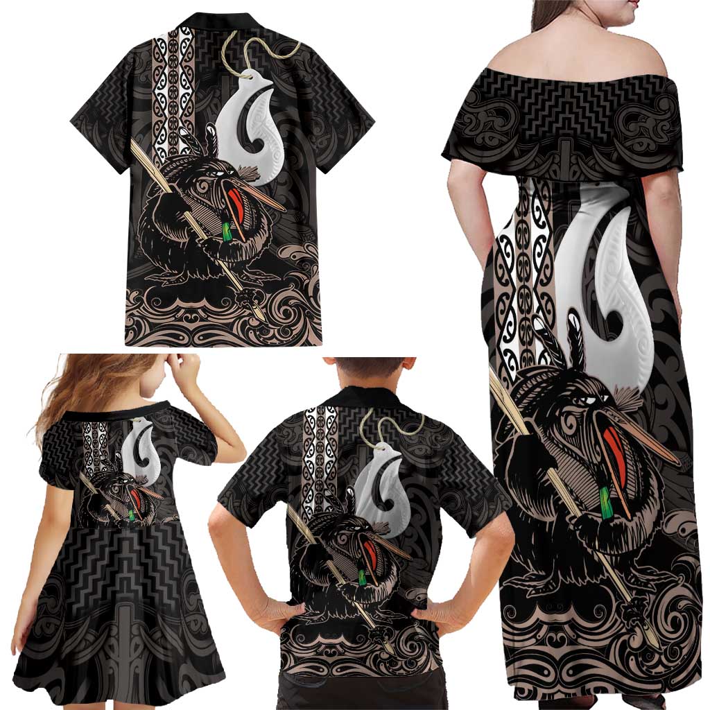 Aotearoa Hei Matau Family Matching Off Shoulder Maxi Dress and Hawaiian Shirt Haka Kiwi Mix Maori Mangopare