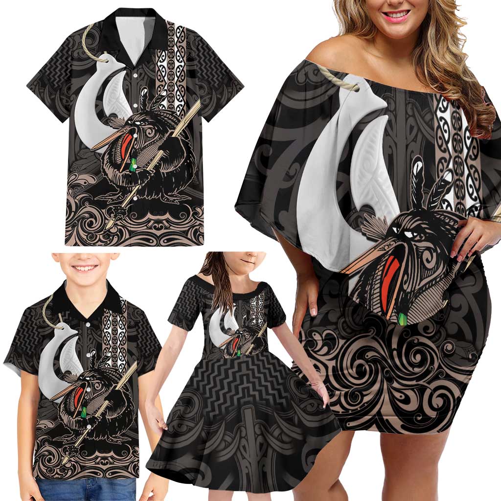 Aotearoa Hei Matau Family Matching Off Shoulder Short Dress and Hawaiian Shirt Haka Kiwi Mix Maori Mangopare