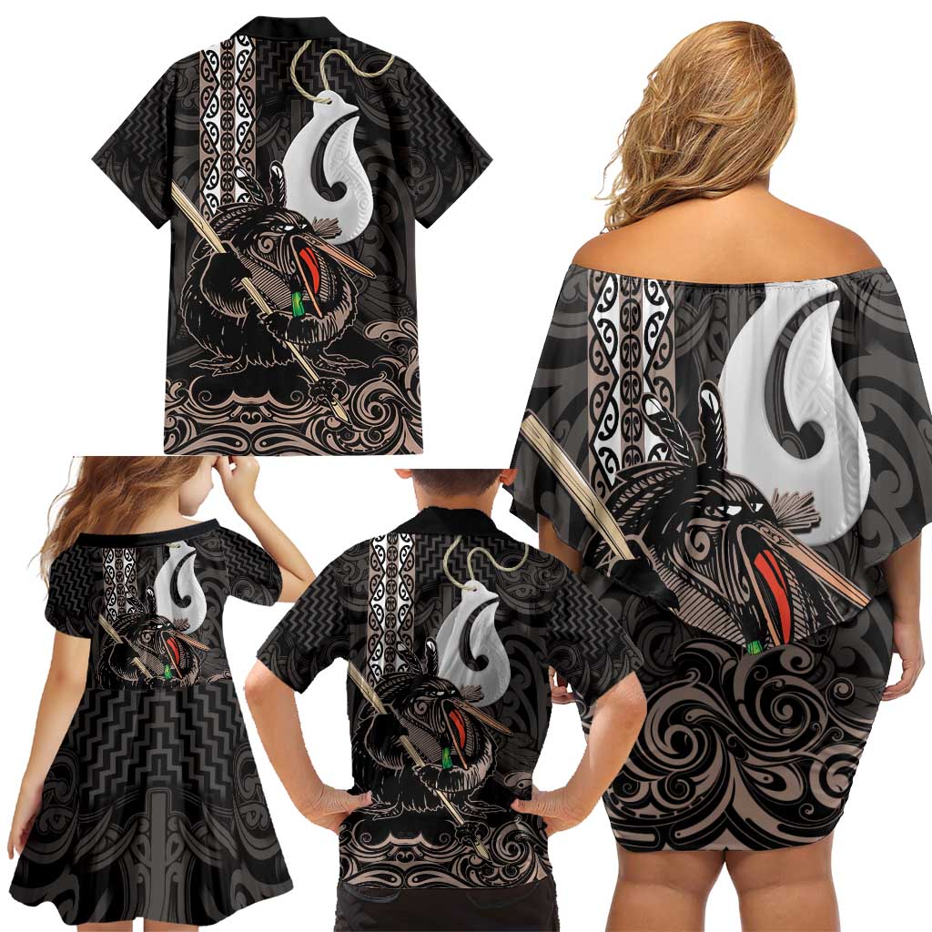 Aotearoa Hei Matau Family Matching Off Shoulder Short Dress and Hawaiian Shirt Haka Kiwi Mix Maori Mangopare