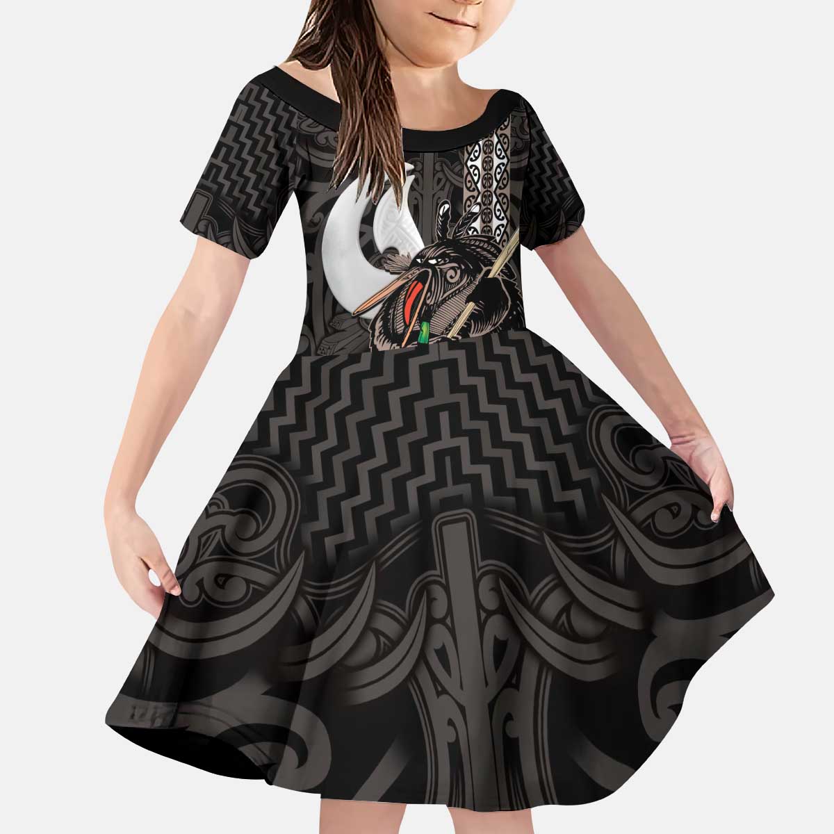 Aotearoa Hei Matau Kid Short Sleeve Dress Haka Kiwi Mix Maori Mangopare - Vibe Hoodie Shop