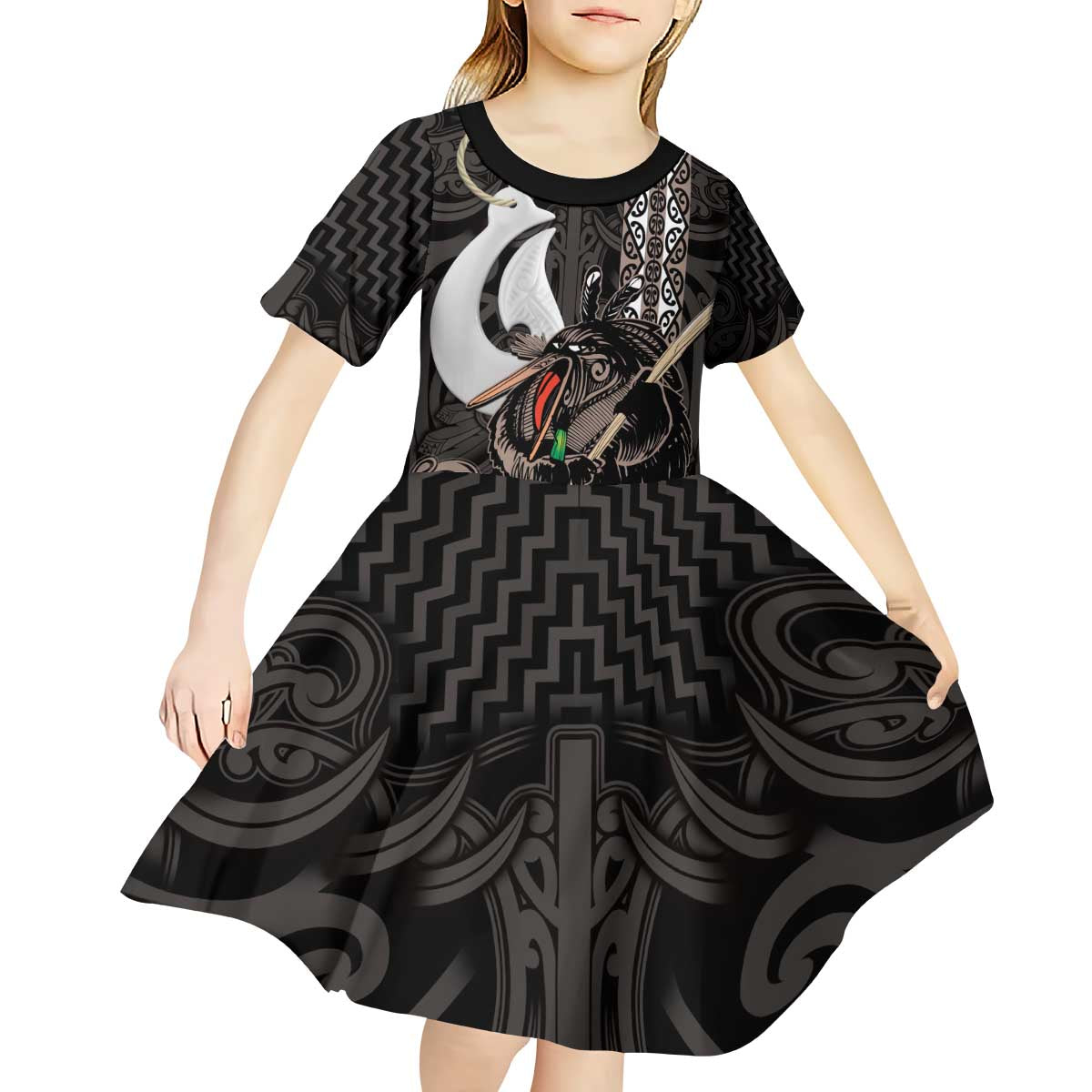 Aotearoa Hei Matau Kid Short Sleeve Dress Haka Kiwi Mix Maori Mangopare - Vibe Hoodie Shop