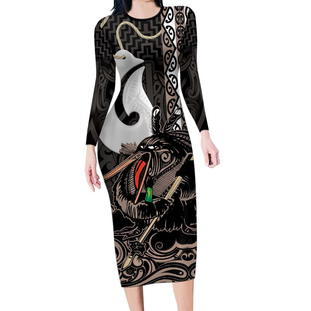 Aotearoa Hei Matau Long Sleeve Bodycon Dress Haka Kiwi Mix Maori Mangopare