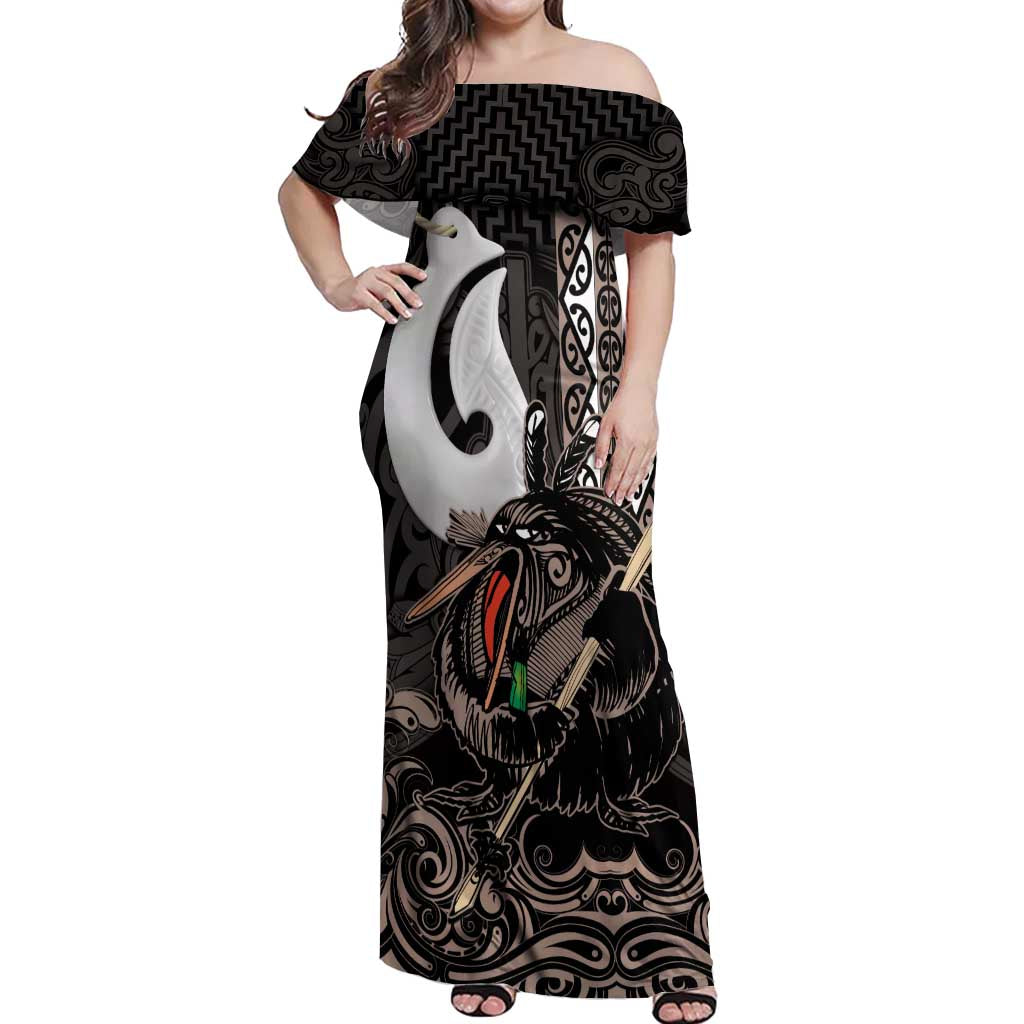 Aotearoa Hei Matau Off Shoulder Maxi Dress Haka Kiwi Mix Maori Mangopare