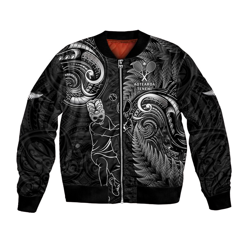 New Zealand Tiki Tennis Bomber Jacket 2024 Aotearoa Tenehi Maori Silver Fern - Black - Vibe Hoodie Shop