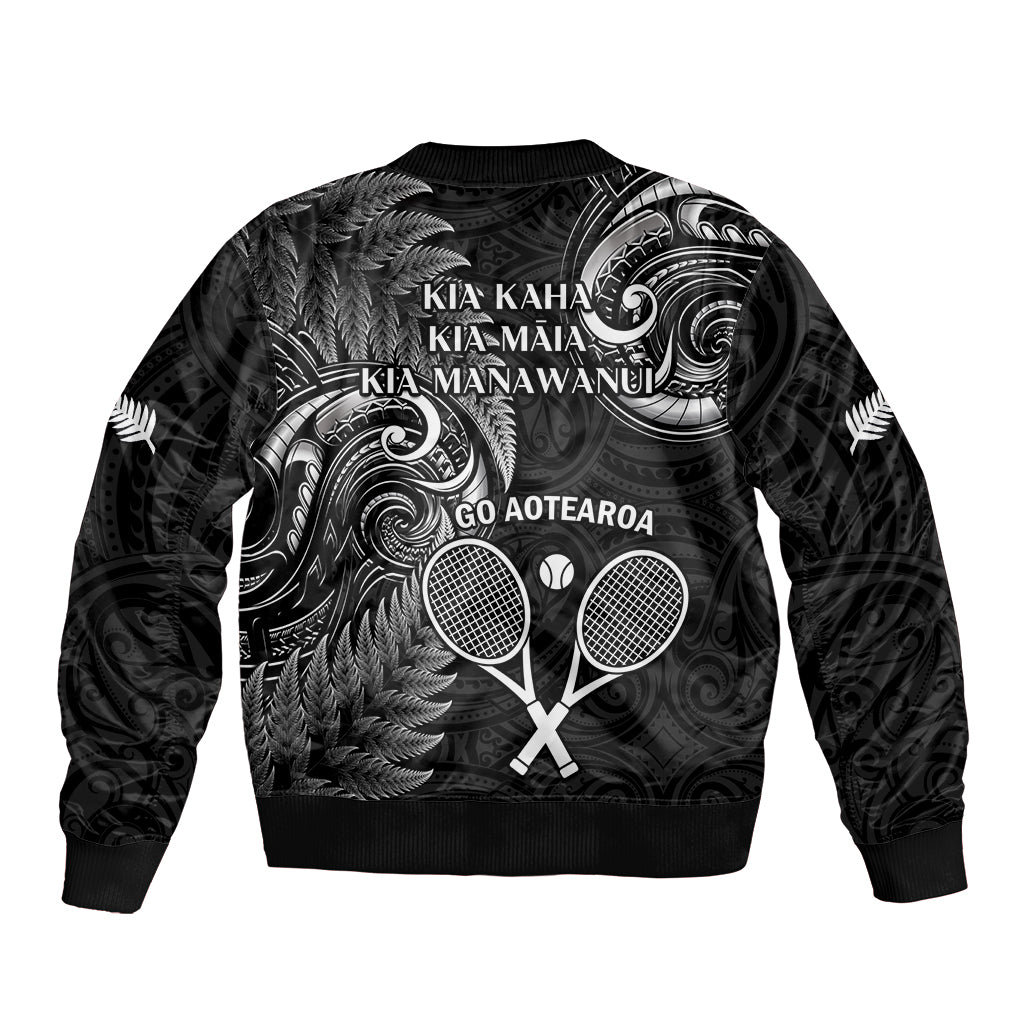 New Zealand Tiki Tennis Bomber Jacket 2024 Aotearoa Tenehi Maori Silver Fern - Black - Vibe Hoodie Shop