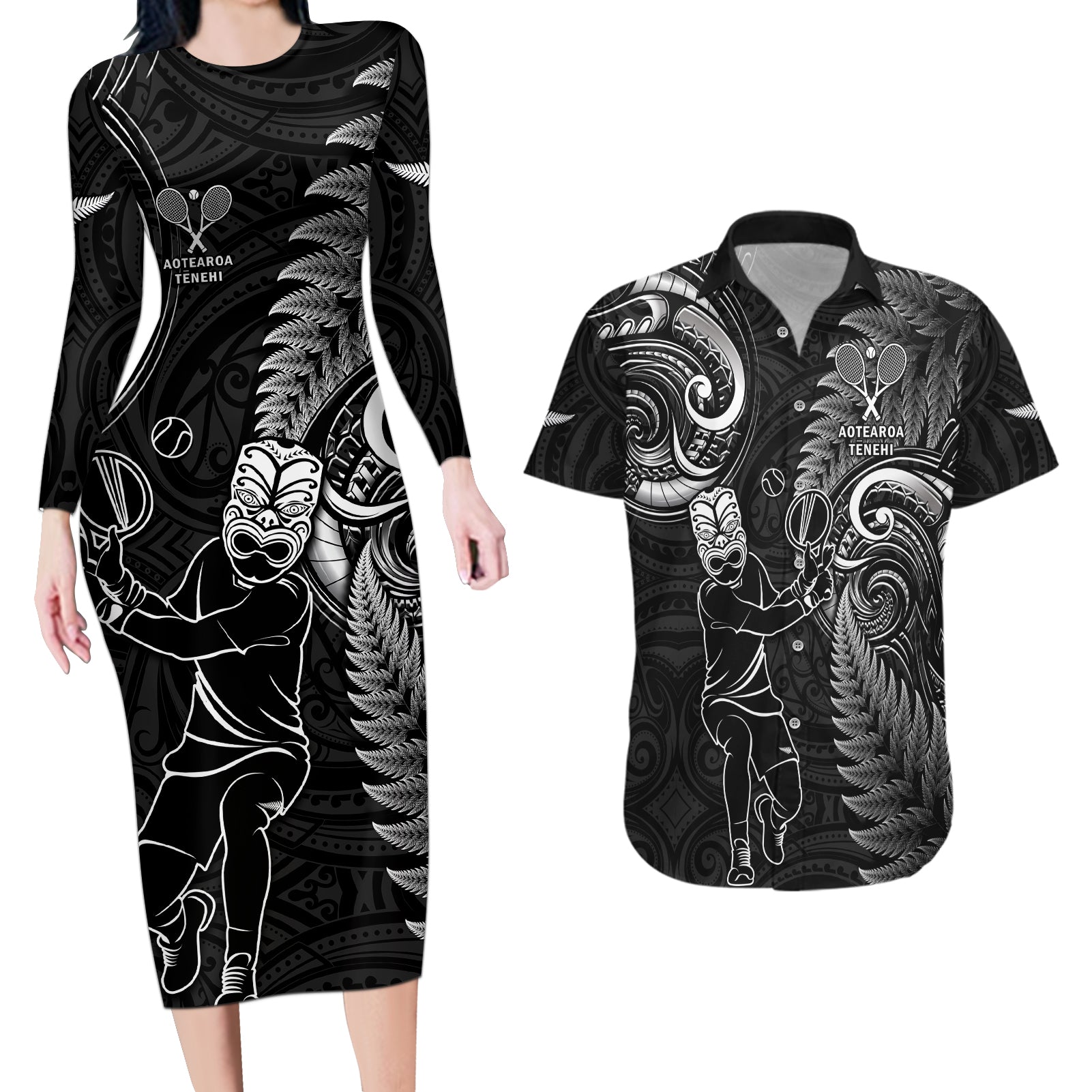 New Zealand Tiki Tennis Couples Matching Long Sleeve Bodycon Dress and Hawaiian Shirt 2024 Aotearoa Tenehi Maori Silver Fern - Black