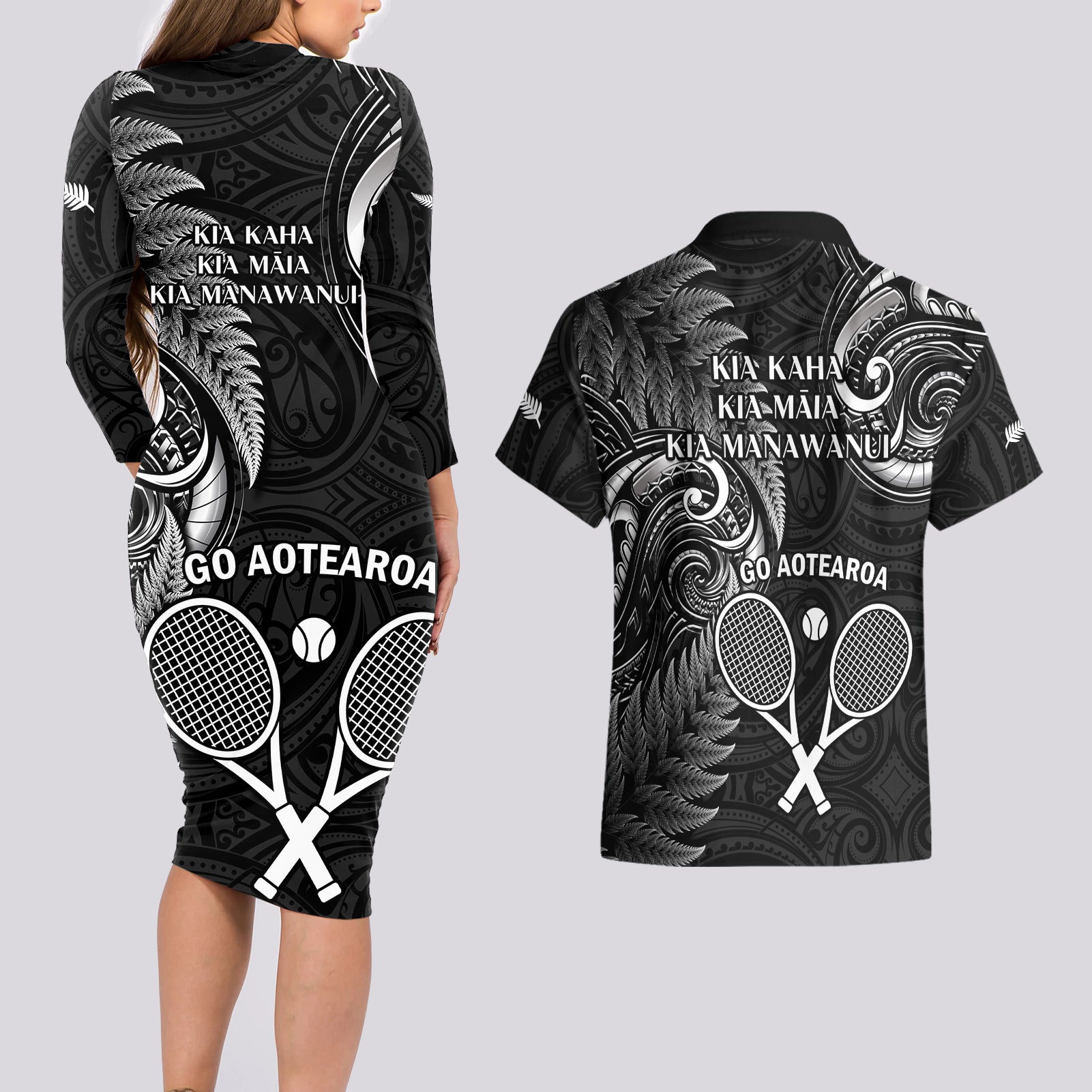 New Zealand Tiki Tennis Couples Matching Long Sleeve Bodycon Dress and Hawaiian Shirt 2024 Aotearoa Tenehi Maori Silver Fern - Black