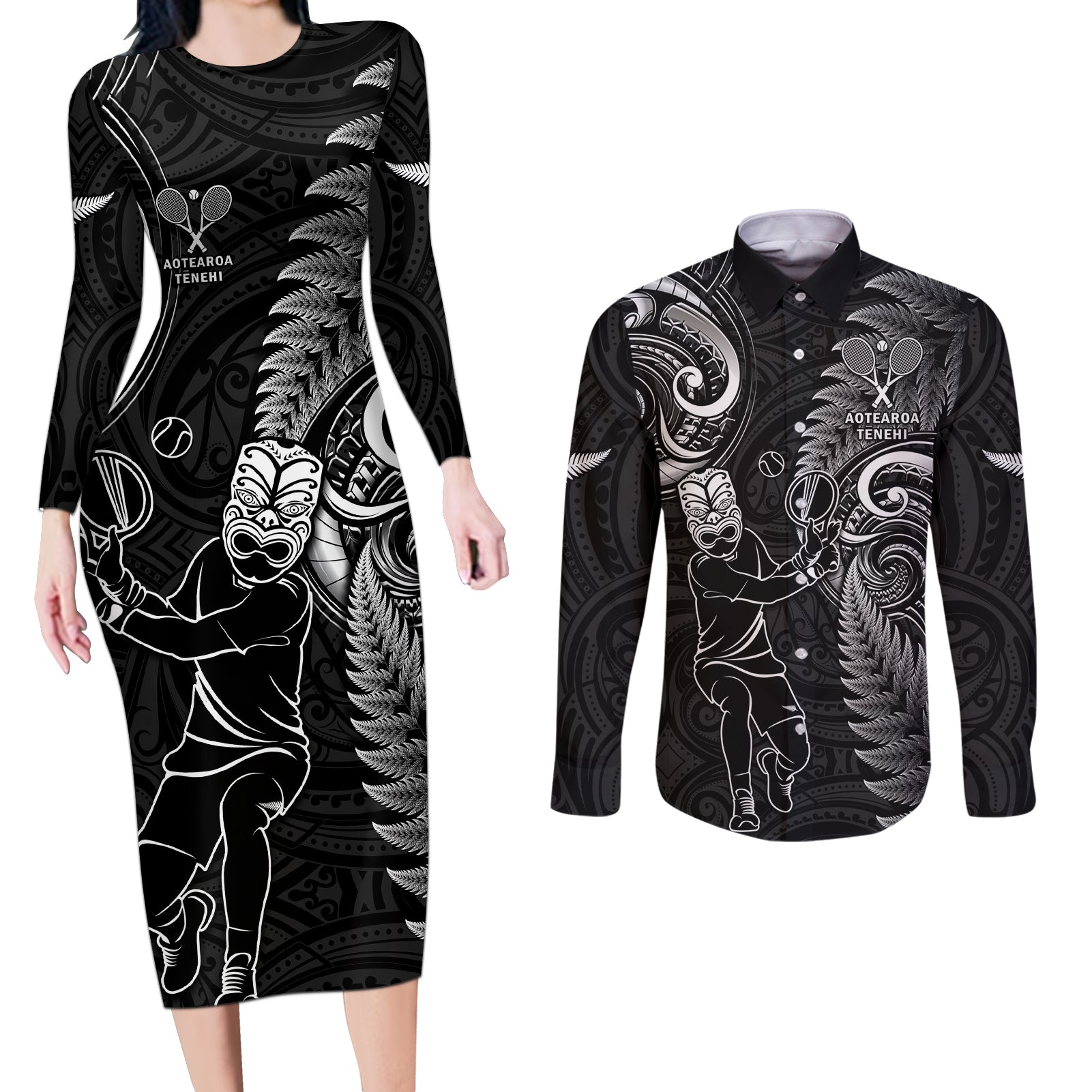 New Zealand Tiki Tennis Couples Matching Long Sleeve Bodycon Dress and Long Sleeve Button Shirt 2024 Aotearoa Tenehi Maori Silver Fern - Black