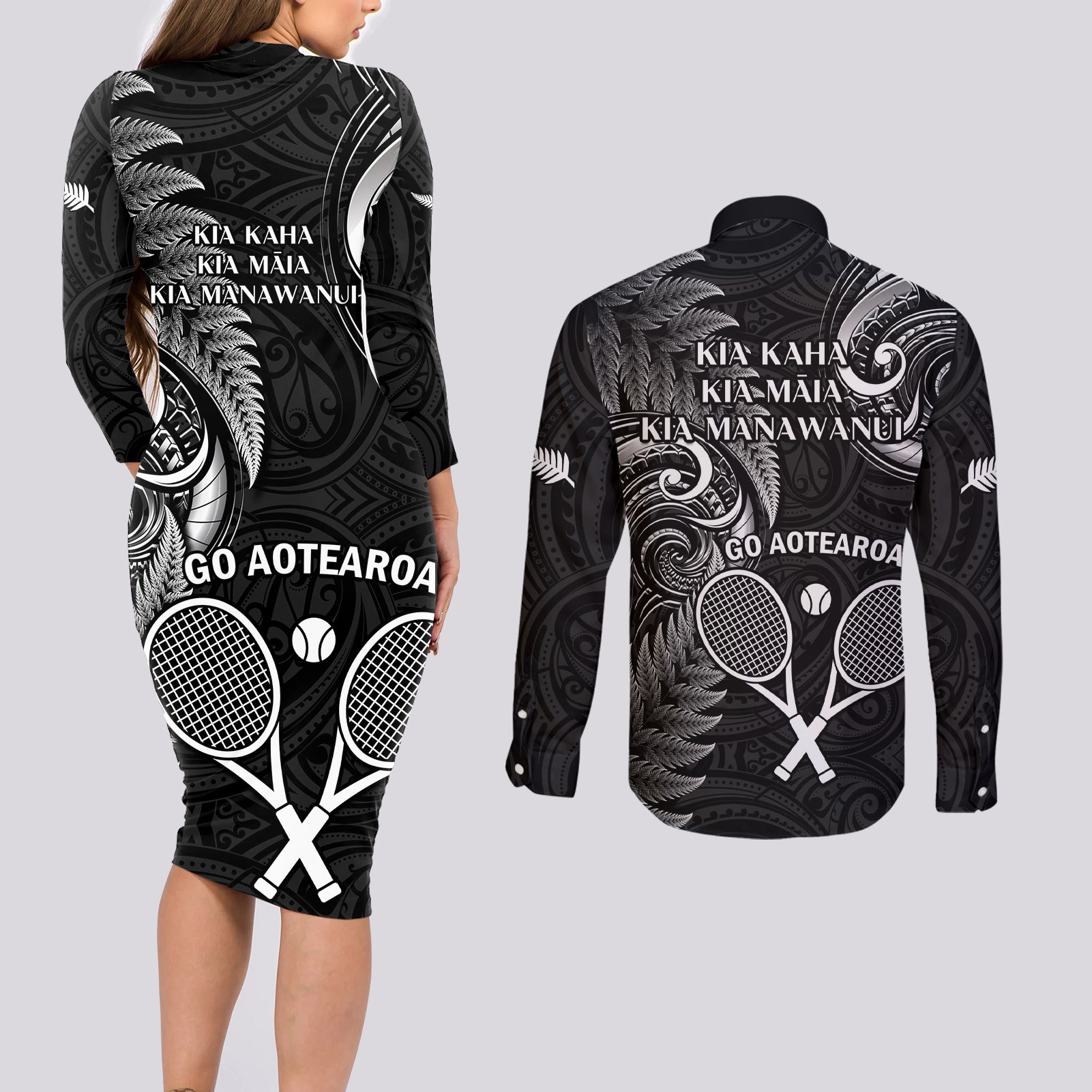 New Zealand Tiki Tennis Couples Matching Long Sleeve Bodycon Dress and Long Sleeve Button Shirt 2024 Aotearoa Tenehi Maori Silver Fern - Black